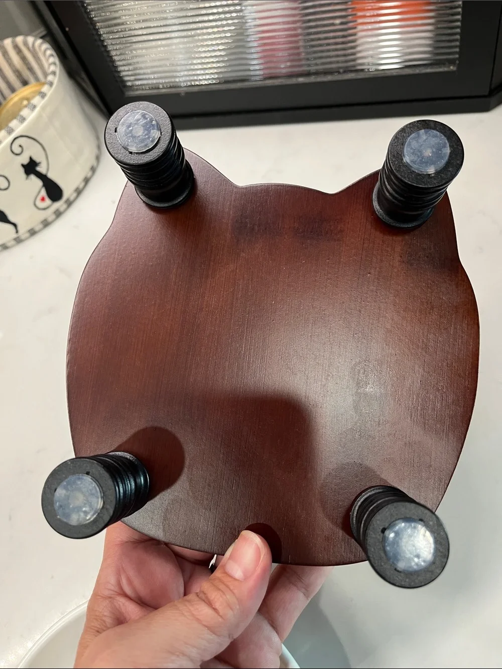 Slow-Feed Cat Bowl with Brown Cat-Shaped Wooden Stand - White Bowl